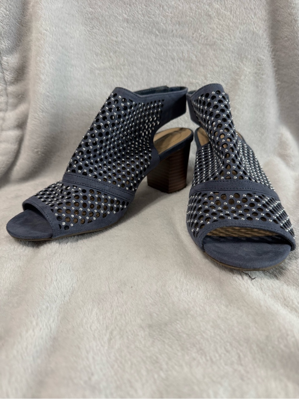 Kim Rogers BlueOpen-Toe Block Heel Sandals with Studded Cutouts